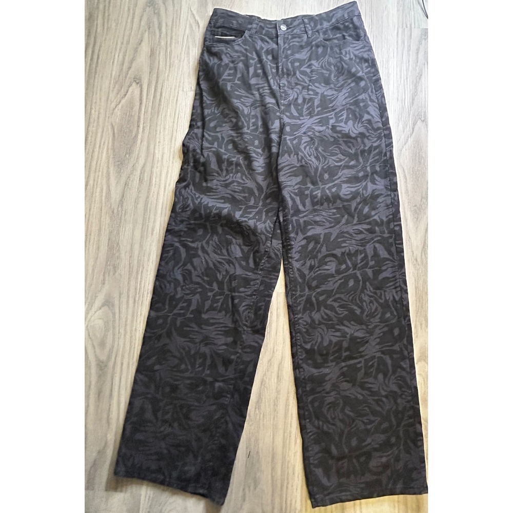 H M Wide Leg Pants Black Grey No Fear y2k Print jeans women Size 10 grunge